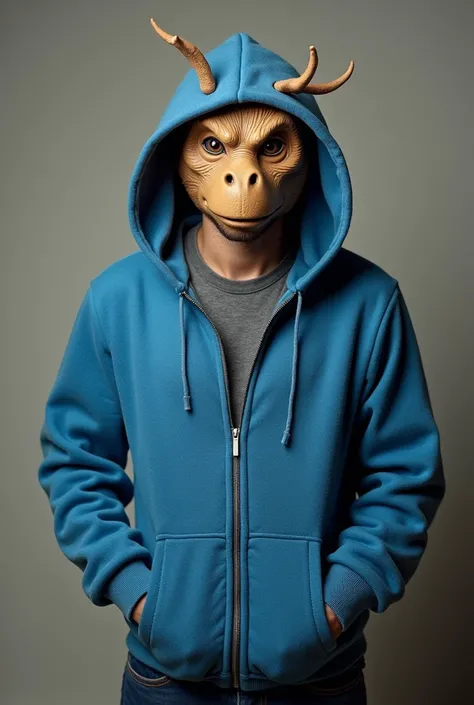 A man wearing a cute mask ,  is wearing a blue hooded zip-up wool and ,  with a hood on his head ,  is putting both hands in a hooded zip-up pocket