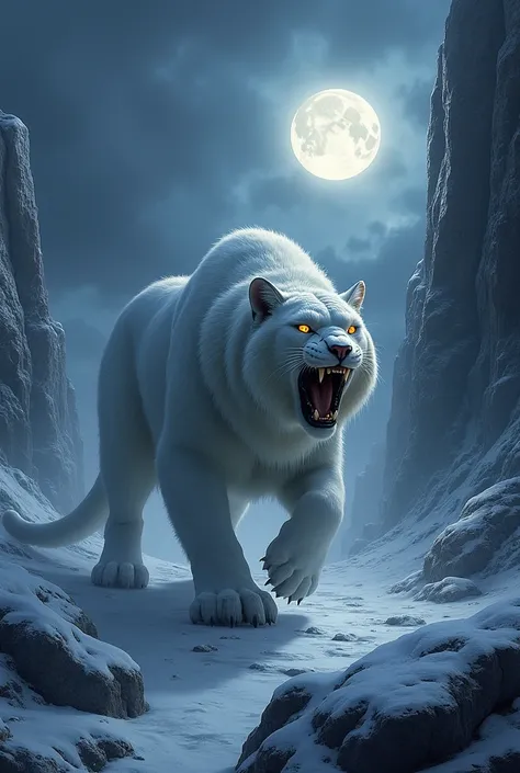 A big white saber tooth cat roar, night, full moon, snowy rocks