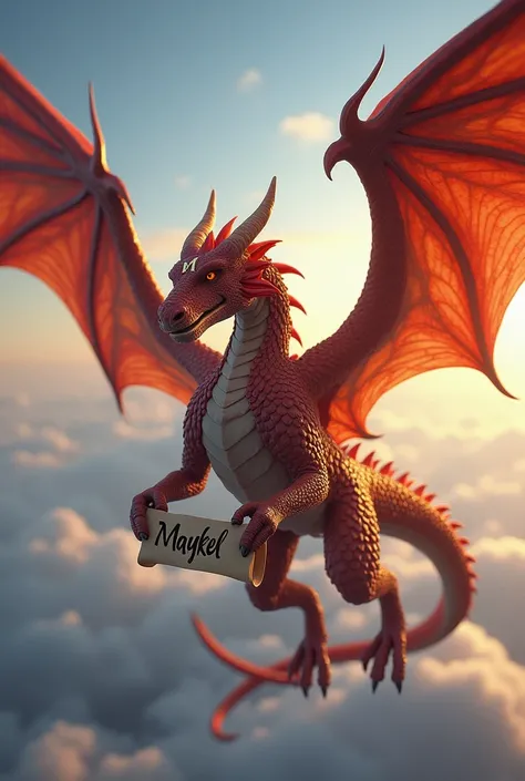 an imposing flying dragon with wings of red and reddish gold color with the letter M on its forehead and whose claws the dragon will carry a scroll that says my name MAYKEL