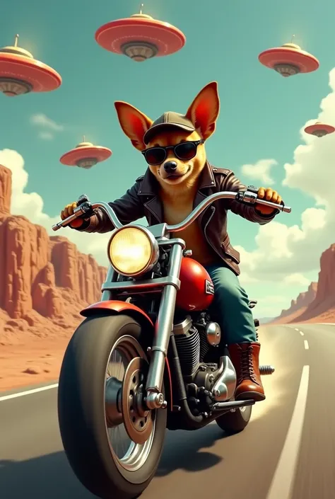 flying saucers are attacking a fearless anthropomorphic chihuahua dog with a cap, sunglasses and a cigar in his mouth, wearing a leather jacket and old jeans with leather boots and riding a powerful motorcycle at high speed along a highway