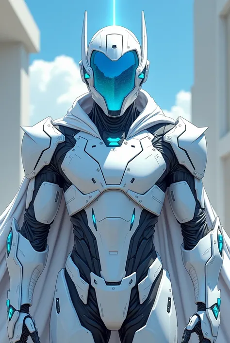 A 30-year-old man wearing white armor with light blue parts from head to toe,  of a futuristic design and who has a futuristic helmet that covers his entire face and the visors of the eyes of the helmet are light blue and emanate a heavenly aura. That he l...