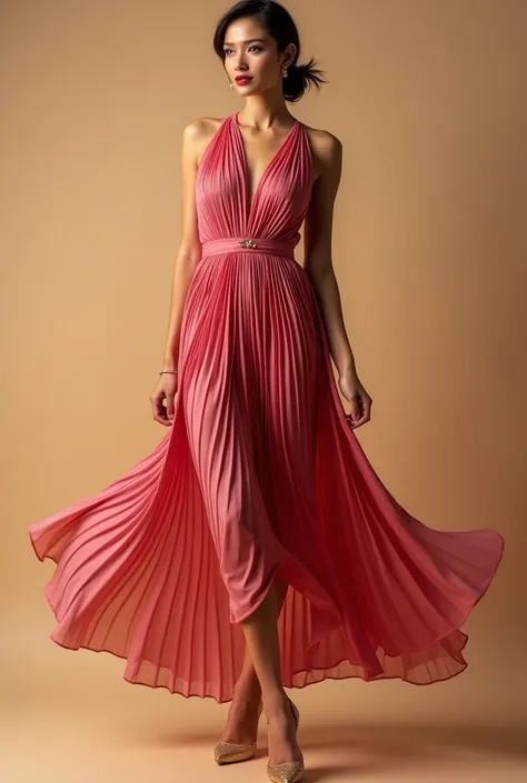 Mahogany pink pleated dress with gold heels 
