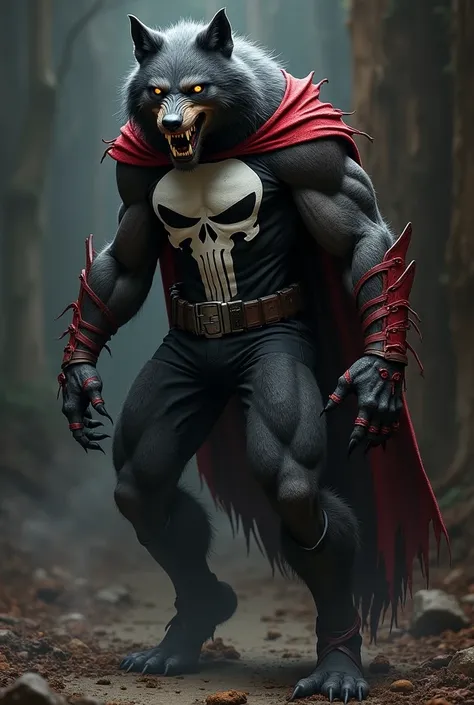 Big scary male werewolf dressed up like the Punisher, black and red colors, High Resolution, Teeth, Masterpiece, Accurate, Best Quality, 