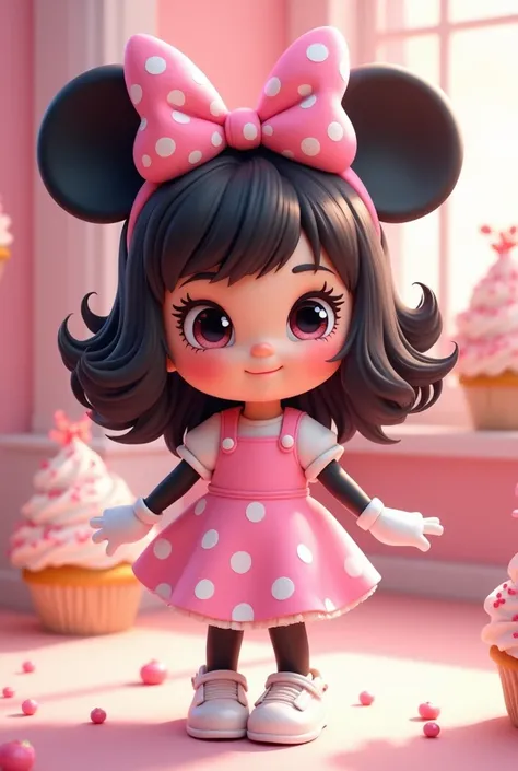  Chubby  girl with medium dark hair straight root with curled ends wearing candy pink dress with white polka dot poá wearing white sneakers and a headband on the head of the character Minnie with pink ribbon and white polka dot poá with Disney Pixar style ...