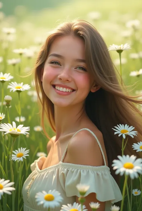 Happy beautiful girl with flowers On the field with daisies