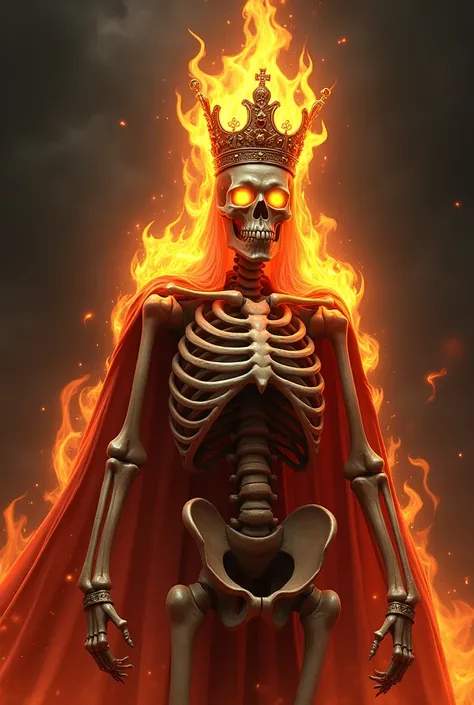 A red skeleton ,wrapped in flames  , with a crown of a true king on his head , with eyes glowing yellow and looking at the observer 