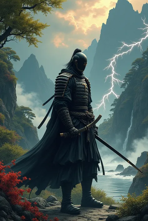 Japanese traditional art with lightning
And with nature, you can add a black samurai
 And also something unusual, a darker background that emphasizes lightning