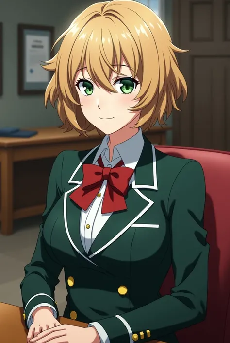 Screenshot of My Hero Academia of a woman with short, wavy, bulky blonde brown hair and dark green eyes in the uniform of the UA sitting in a room 