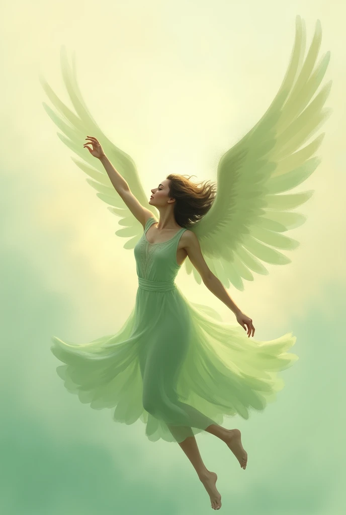  Abstract illustration of a free woman,  with wings or moving ,  in soft green tones  (#C6E2B5 ) and light beige  (#F5F5DC)."