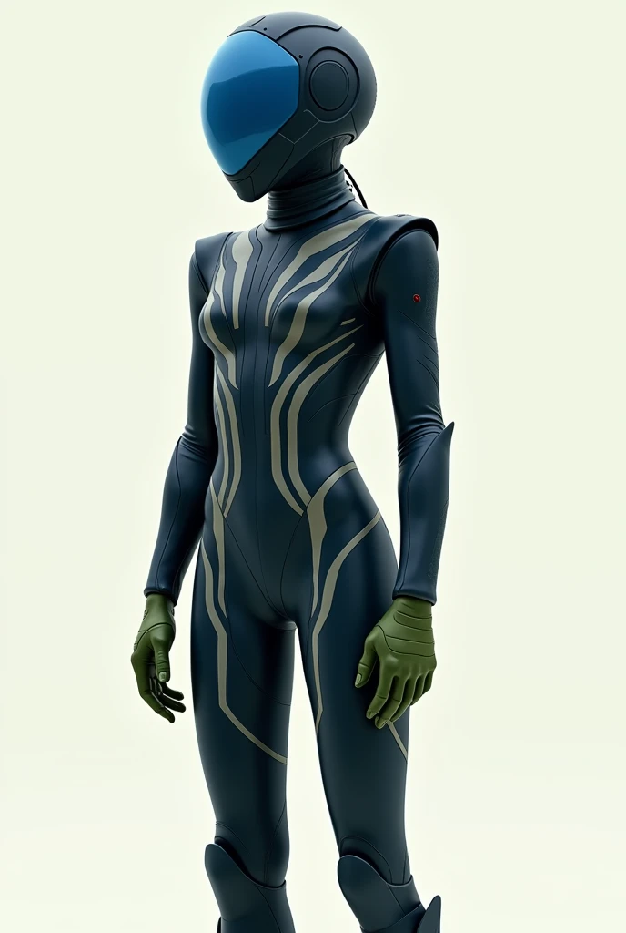  The image shows a futuristic character dressed in a tight racing suit with a simple design,  in shades of dark blue , , and grey.  The character wears a dark blue helmet with gray details and a small red accent on the forehead .  The helmet has a blue vis...