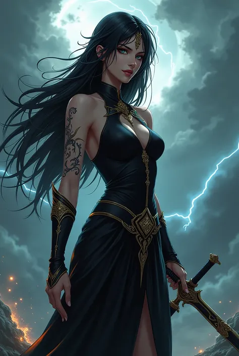  Make a warrior queen anime version , that represents the scorpion sign ,  who has black hair and a black dress