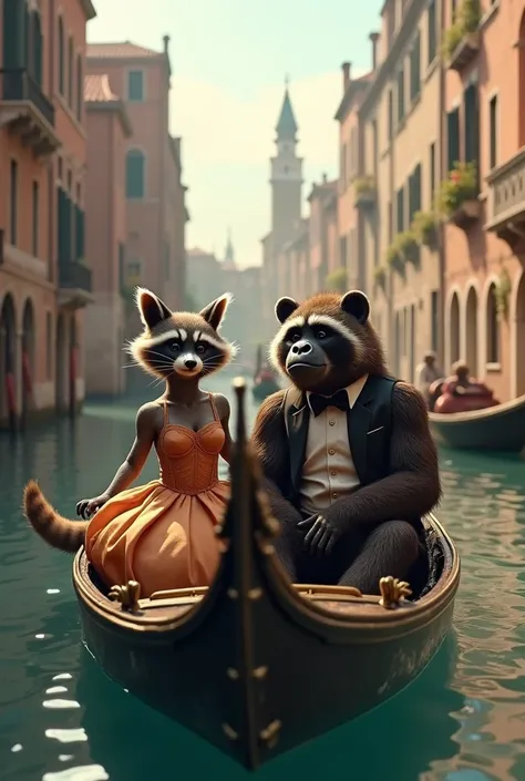 female raccoon , with a Gorilla ,  in a gondola around Venice