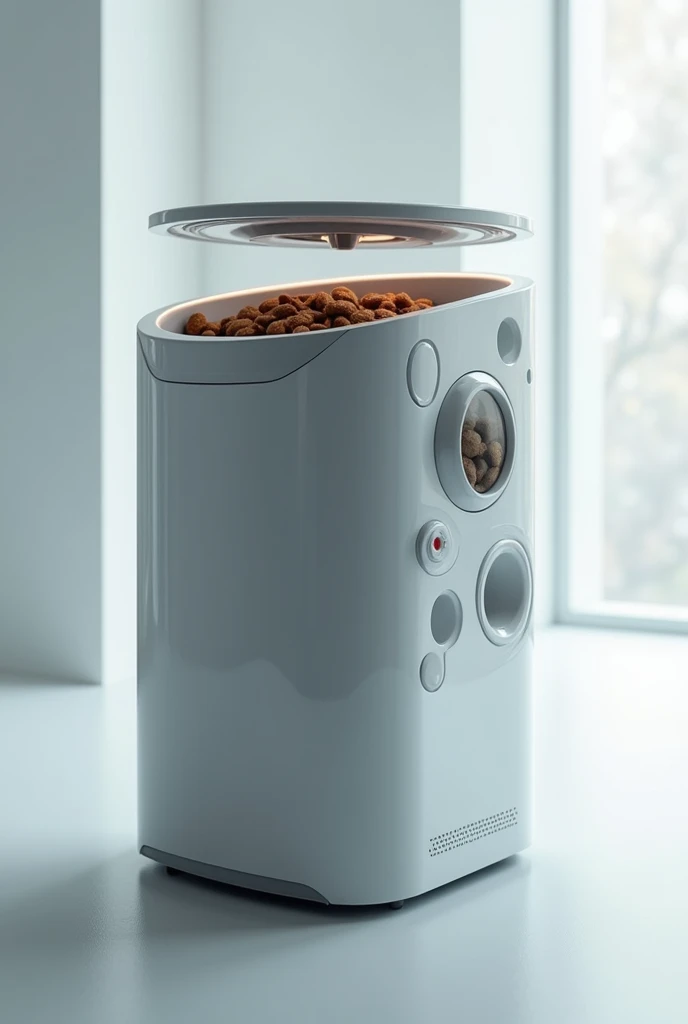  small machine with horizontal swivel plate, dog food dispenser ,  with several circular holes for storing and preserving food, futurist,  rotary 