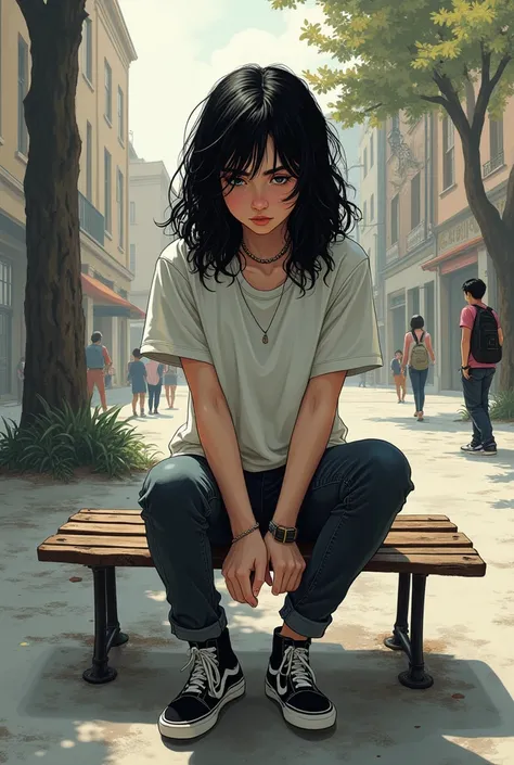 A 16-Year-Old Girl With Black Shoulder-Length Hair in a drawing 
Rock style 
Sitting on a bench in the square a 16-year-old boy 
Sit on your side 