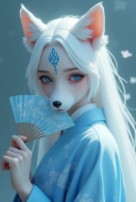 Une belle femme renarde blanche, avec des tatouages bleus sur le visage, des yeux bleus glaces, vetue dun kimono bleu claire avec des motifs blancs, qui tient un éventail bleu devant ses lèvres 