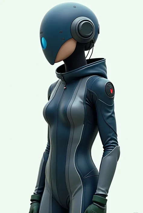  The image shows a futuristic character dressed in a tight racing suit with a simple design,  in shades of dark blue , , and grey.  The character wears a dark blue helmet with gray details and a small red accent on the forehead .  The helmet has a blue vis...