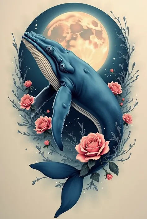 Generate a tattoo of a blue whale on the edge of a full moon splashed with water and with pink roses around the moon