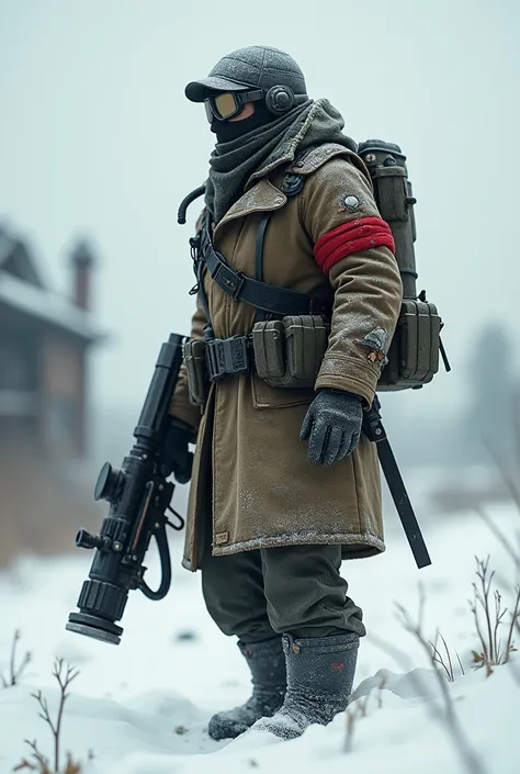 Dieselpunk 1930s male winter soldier on patrol with a red armband