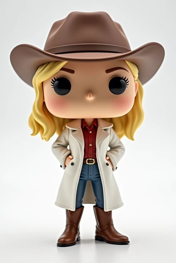 Funko pop in white box pop ,    blonde elegant trench coat and brown cowboy boots, with brown cowboy hat ,  white background with medium length golden blonde hair 