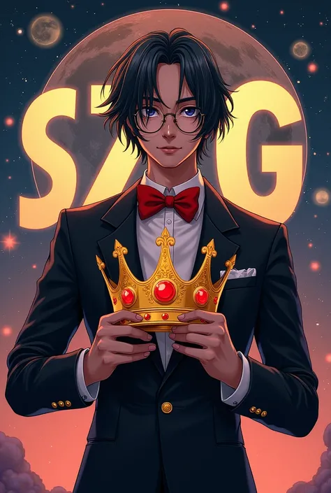 Draw a young man with long hair in a messy hairstyle, black hair dyed a little white in front, wearing round glasses, wearing a black suit, tied with a red bow, holding a golden crown, inlaid with 3 red gems. The background is cosmic with the letters SzG