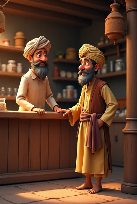 Pathan in traditional dress Enters the Shop and Greets the Shopkeeper "Render a 3D Pixar-style, realistic image of the Pathan character walking into a small, cozy shop, greeting the shopkeeper with a warm smile. The shopkeeper, a middle-aged man with a wel...