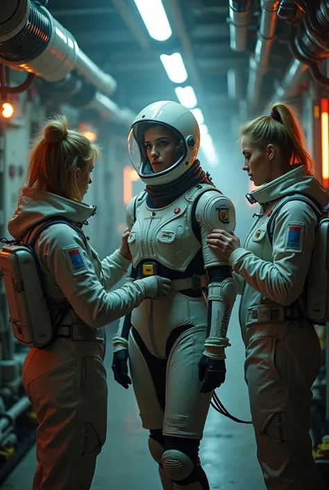 Blonde women in a spacehelmet and  futuristic space biomechanical battle suit with bubble helmet, being attended to by two female engineers,  bio organic, influenced by hr giger, wires, pipes, pistons, in a blade runner spacecraft corridor,  steam an pulsi...