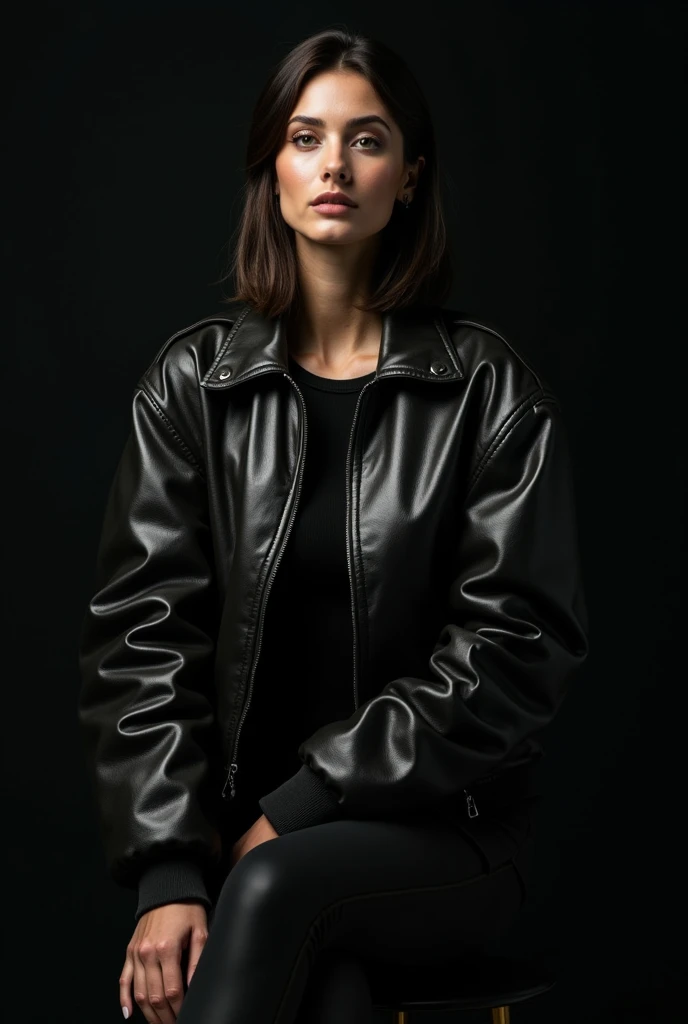 Beautiful woman in the long fashion leather bomber oversize jacket sitting on the chair in the black screen