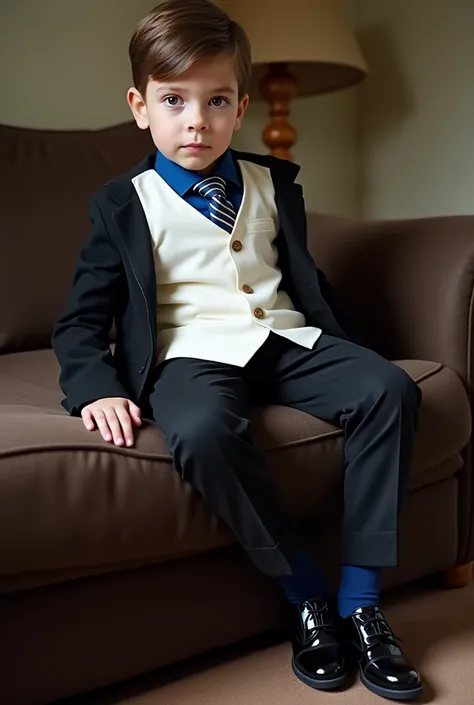 Photograph of a seven-year-old boy,                                  Sitting and wearing very elegant black patent leather shoes     , Get up off the couch,   , brown eyes and white skin. The boy was wearing a black suit and a white vest    .    ....      ...