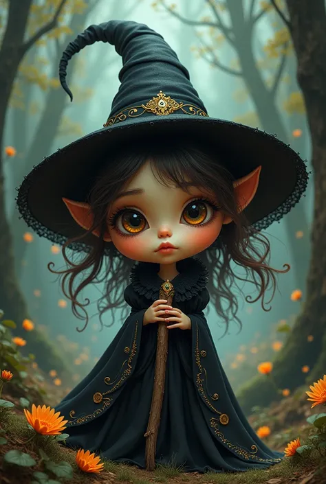 A beautiful and whimsical Elusive noir pop surrealism baby witch inserted supernatural, in the style of Dr. Seuss, inspired by Sailor Moon::art by Greg Simkins, in the style of Ray Caesar, modern art, art nouveau, fantastic realism, intricate details, art ...