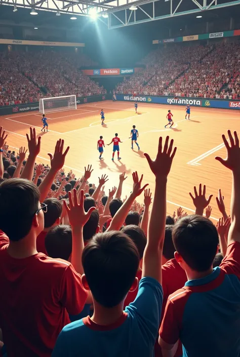 Fans on the futsal court screaming at the grid.