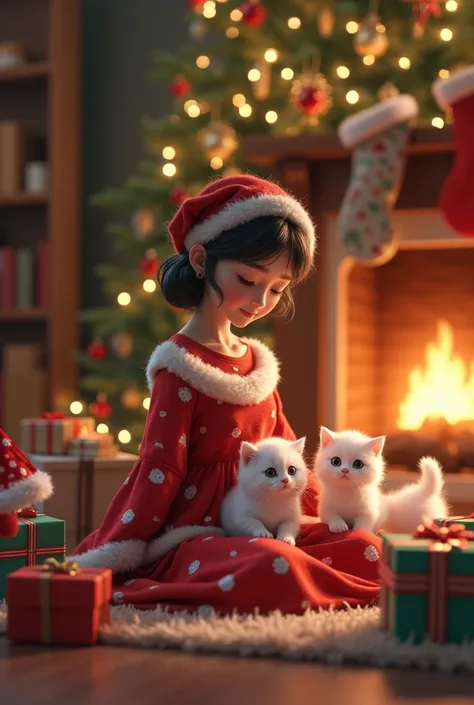 A  in a dress is sitting with two little white kittens between gifts under the Christmas tree in the background is a carmine burning where Christmas socks hang on it 