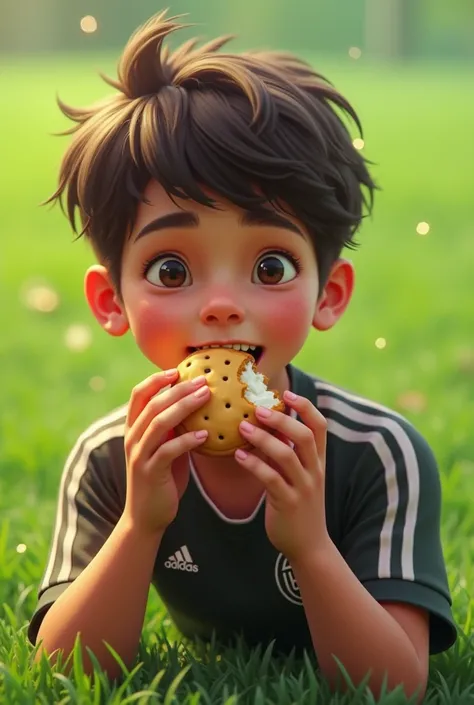 16-year-old soccer player biting a cookie with cream in half on a grass background illuminated in green  