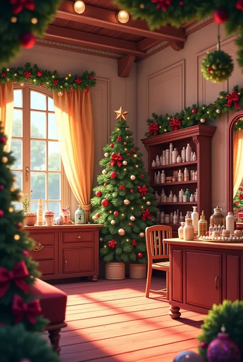 Create an animated image of a beauty salon decorated inside for Christmas that says Hazel Salon without people and with beauty items 