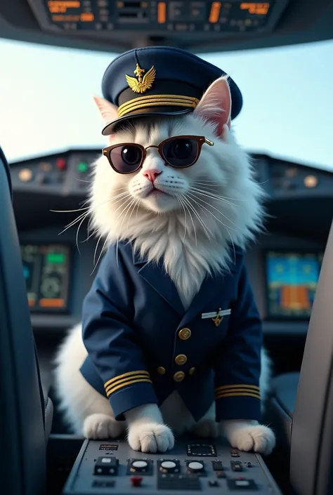 A white cat dressed as a commercial pilot 
