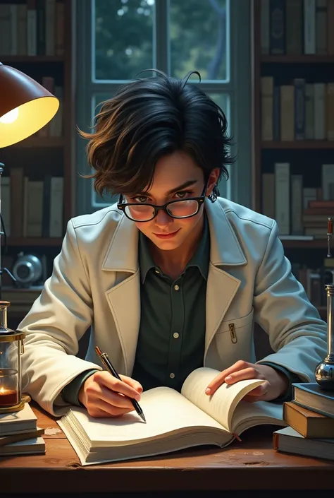 rick,  a young scientist with glasses and disheveled hair, studying physics and engineering books is he thinking
