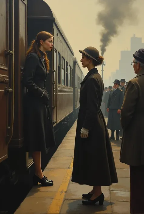  Realistic oil painting from the Romantic period ,  very detailed .  an elegant woman ,  with hat and long gloves ,  from the 1940s , Is from  (Smoke)  the train is greeted by the people of the city with a capital S .  An elderly man also stands out and lo...