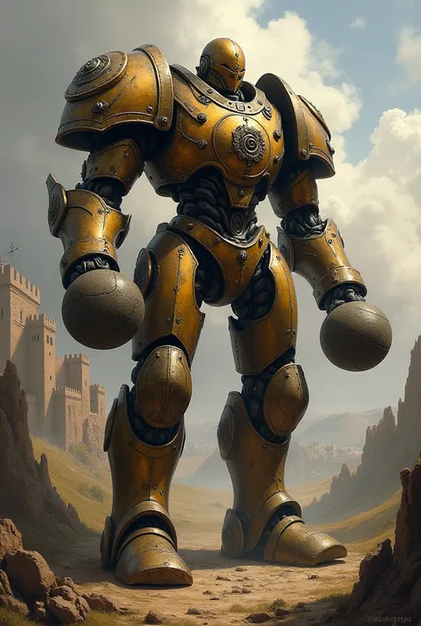 ( In a fanciful medieval semi-realistic oil painting style ) A robot(warforged) wearing heavy armor and with two wrecking balls in place of their hands