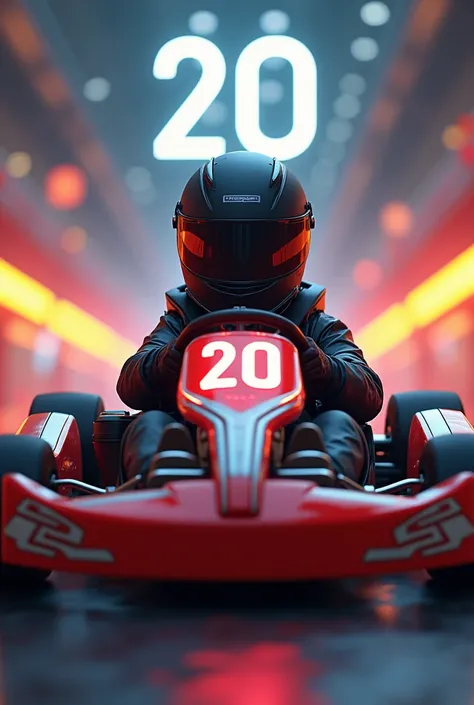 Give me a picture of a racing kart .  The number on the front of the kart is 20.  The driver is sitting in a kart and has a black helmet on . Write “plsChampion” in the air above the helmet