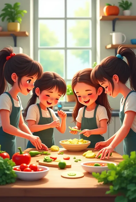  create an image where some girls are exploring with vegetables, Food, Create recipes , jueguen con Food didácticos 