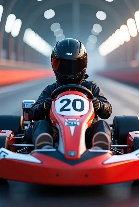 Give me a picture of a racing kart .  The number on the front of the kart is 20.  The driver is sitting in a kart and has a black helmet on . Write “plsChampion” in the air above the helmet