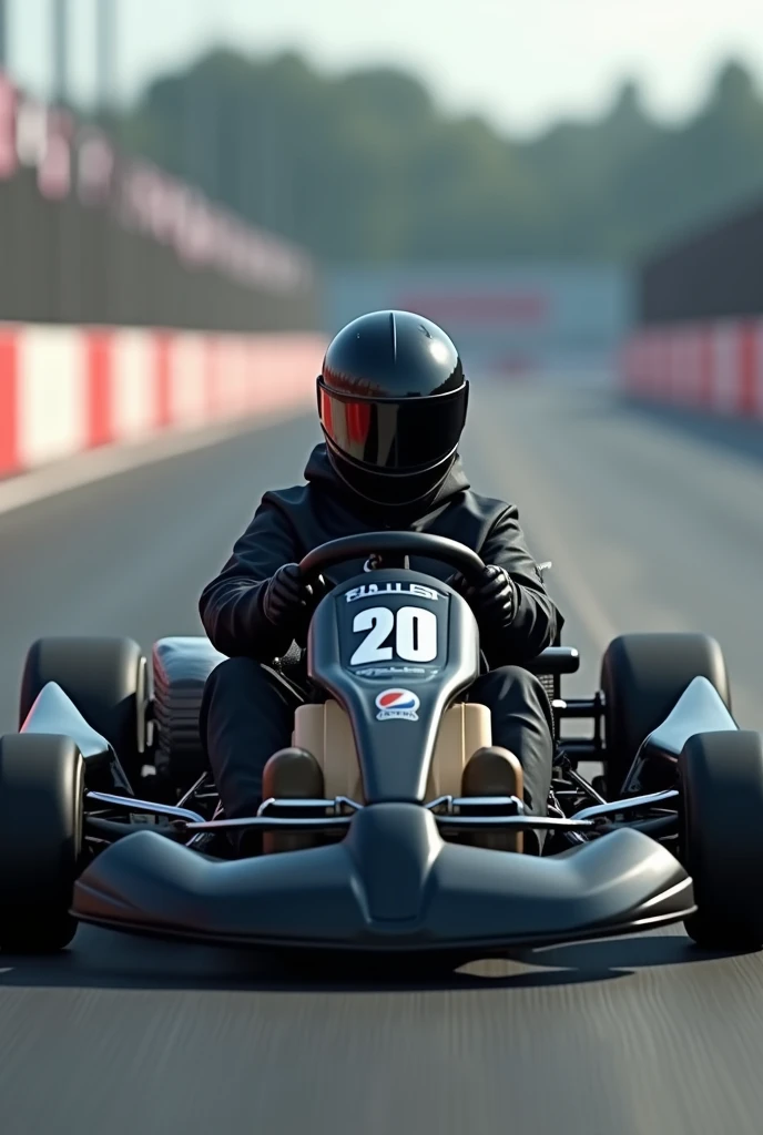  Make me a picture of a black racing kart .  The number on the front of the kart is 20.  The driver is sitting in a kart and has a black helmet on . Write “plsChampion” in the air above the helmet. The kart is on a racetrack 