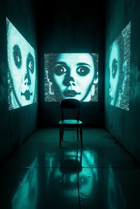 "A small, darkened room with glitching screens covering the walls, each displaying unsettling symbols, broken images, and eerie, distorted faces. A lone chair sits in the center, casting a long shadow across the floor. The setting feels claustrophobic and ...