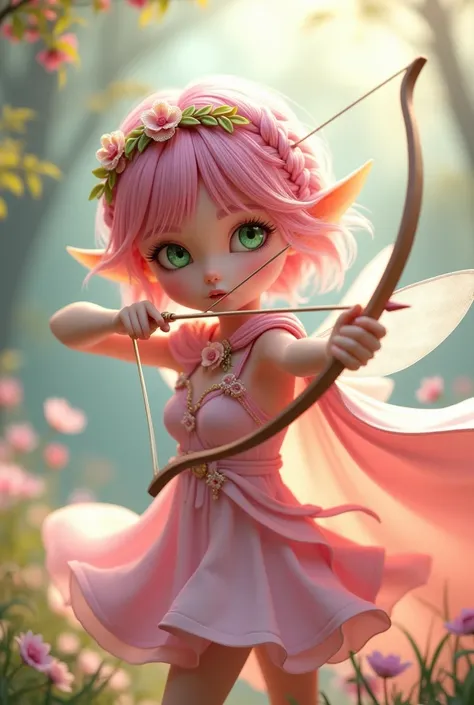 3D anime girl has one sided braid she wears a floral band on her forehead she has a pink dress with elf ears she has pink hair and green eyes she wears a cape she has elf wings and holds a bow arrow