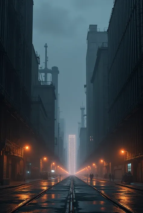 A straight street that ends with a runway and around very giant clothing factories and its nighttime