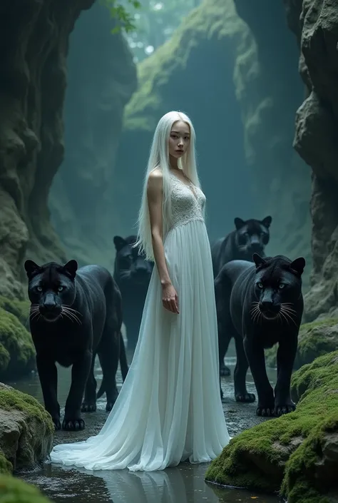 Korean woman with long straight white hair ,  deep blue eyes fair skin with freckles, long white dress


a large cave showing its mysterious and swampy rocky outer and inner interior with several very menacing realistic black panthers