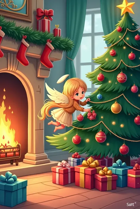 Comic A cute little angel with long hair decorates a Christmas tree with lots of gifts in the background a decorated fireplace 