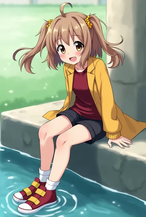 Anime girl, light brown medium long hair, Two long Side Up, yellow hair bands, smile, dark red Shirt, yelow coat, black bermuda shorts over the knees, white dirty socks, red sneakers with big yellow velcros and dirty soles, sitting on the wall of a fountai...