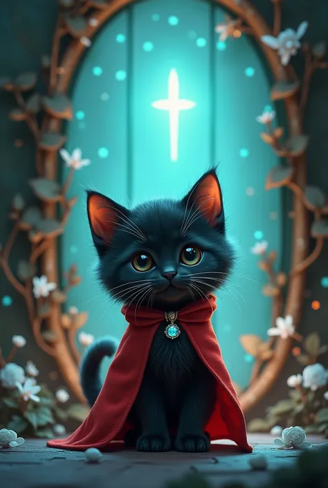 A cozy, charming scene featuring a cute black kitten with wide, curious eyes standing in front of a mystical, glowing door. The kitten, small and fluffy, wears a tiny, delicate red collar with a crystal pendant, giving it a touch of elegance. She wears lon...