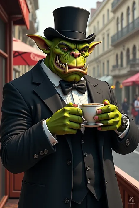 A Warhammer-style 40k orc in a suit and top hat drinking a cup of coffee 