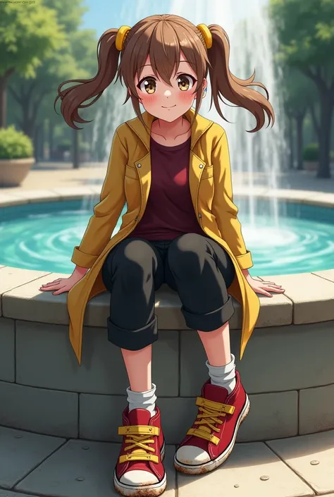 Anime girl, light brown medium long hair, Two long Side Up, yellow hair bands, smirking, dark red Shirt, yelow coat, black 3/4 pants, white dirty socks, red sneakers with big yellow velcros and dirty soles, sitting on the wall of a fountain, left feet on t...